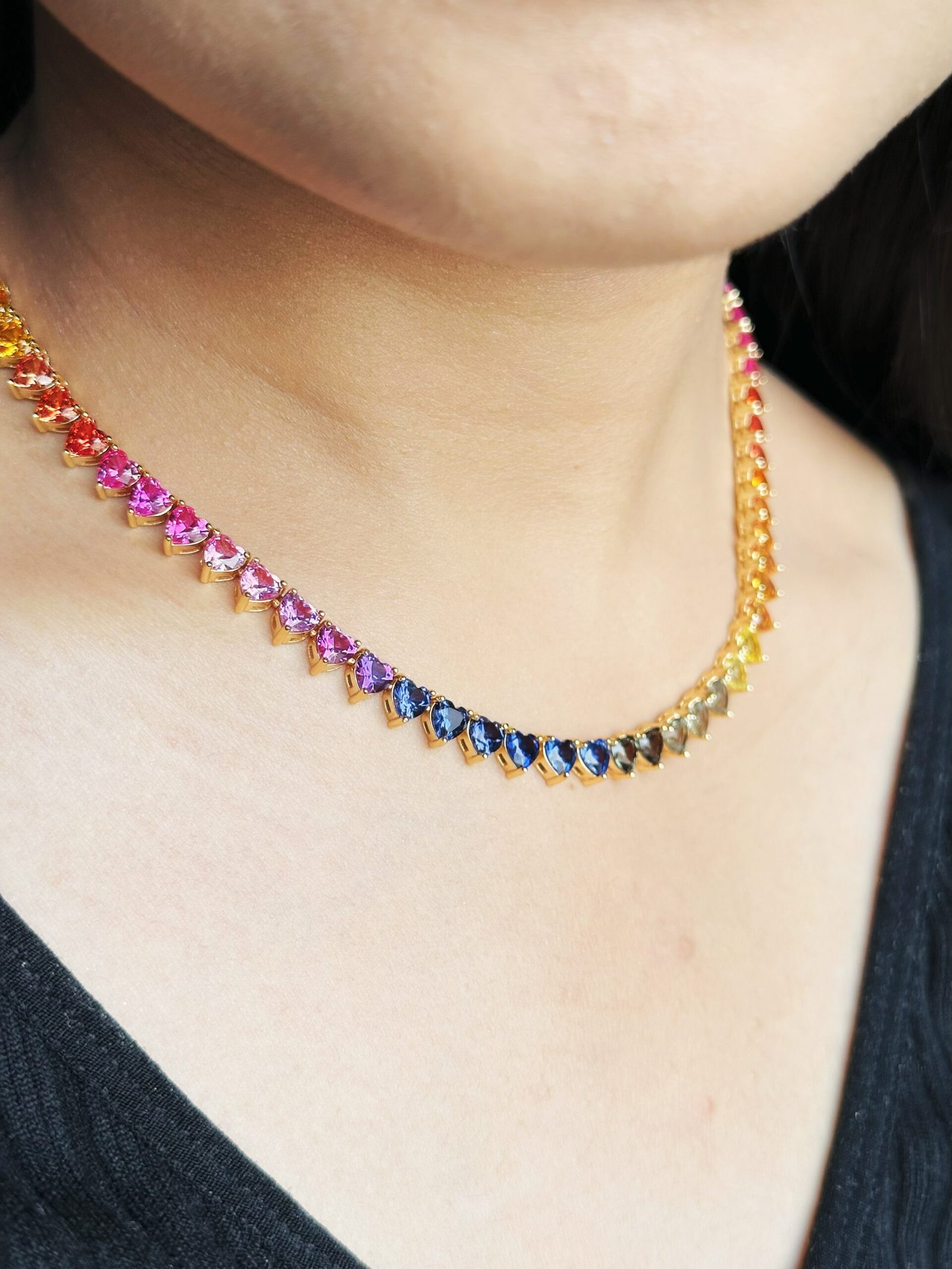 Rainbow Sapphire Heart Tennis Necklace - Image 6