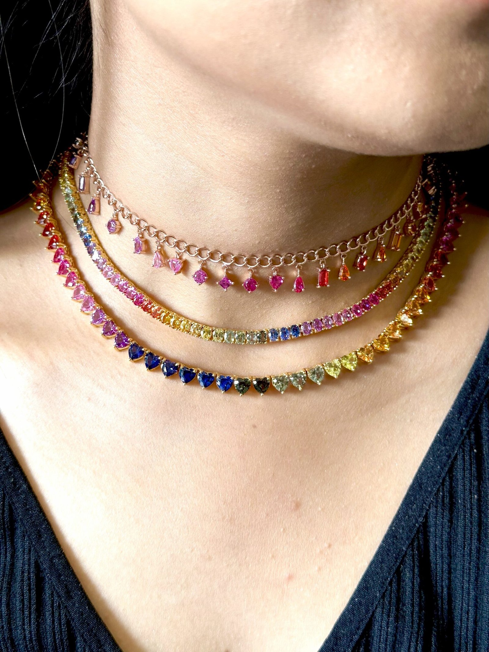 Rainbow Sapphire Heart Tennis Necklace - Image 5